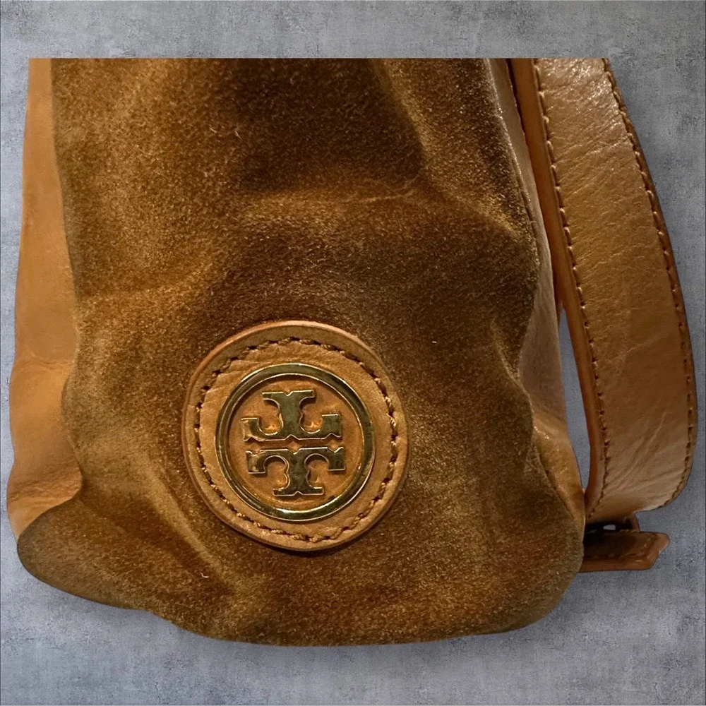 Tory Burch 797 Satchel Bag Womens Medium Tan Suede Leather Crossbody HTF-READ